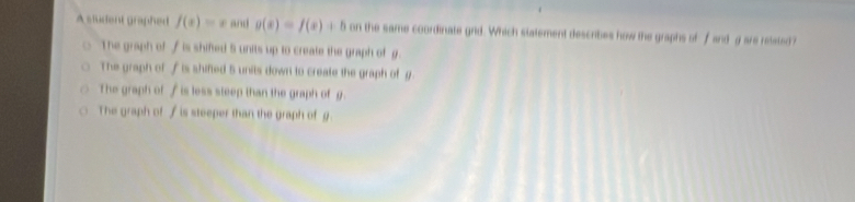 A student graphed f(x)=x and g(x)=f(x)+b on the same coordinate grd. Which statement describes how the graphs of fand g are relaied?
The graph of / is shifed 5 units up to create the graph of g.
The graph of f is shifted 5 units down to create the graph of g
The graph of / is less steep than the graph of g.
The graph of / is steeper than the graph of g.