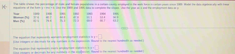 The table shows the percentage of male and female populations in a certain county employed in the work force in certain years since 1989. Model the data algebraically with linear 
equations of the form y=mx+b. Use the 1989 and 1995 data to complete the slopes. Use the year as x and the employment data as y.
Year 1989 1990 1991 1992 1993 1994 1995
Women (%) 37.6 40.7 44.8 47.8 51.1 53.4 56.9
Men (%) 82.5 79.4 75.3 72.3 69.0 66.7 63.2
The equation that represents women's employment statistics is y=□
(Use integers or decimals for any numbers in the expression. Round to the nearest hundredth as needed.) 
The equation that represents men's employment statistics is y=□. 
(Use integers or decimals for any numbers in the expression. Round to the nearest hundredth as needed )