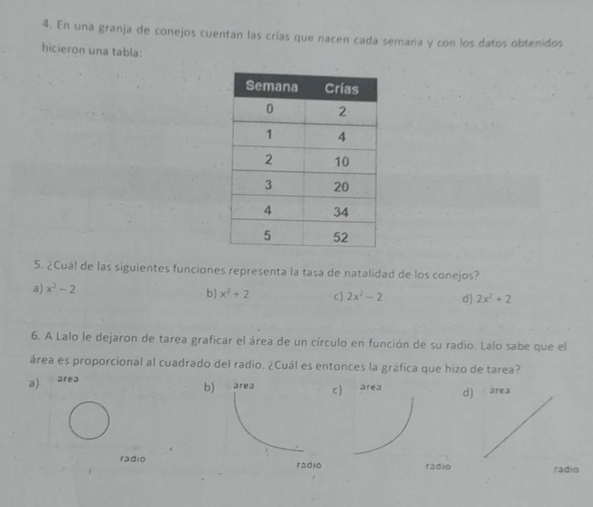 En una granja de conejos cuentan las crías que nacen cada semara y con los datos obtenidos
hicieron una tabla:
5. ¿Cuál de las siguientes funciones representa la tasa de natalidad de los conejos?
a) x^2-2
b) x^2+2 c) 2x^2-2 d) 2x^2+2
6. A Lalo le dejaron de tarea graficar el área de un círculo en función de su radio. Lalo sabe que el
área es proporcional al cuadrado del radio. ¿Cuál es entonces la gráfica que hizo de tarea?
a) area
b
c)
radio radio