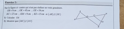 Sur la figure ci- contre qui n'est pas réaliser en vraie grandeurs.
OB=9cm; OK=45cm; OE=54cm
KC=27cm; KM=9cm; KE=15cm ct (AB)parallel (EK)
1) Calculer OA
2) Montrer que: (MC)/(EO)