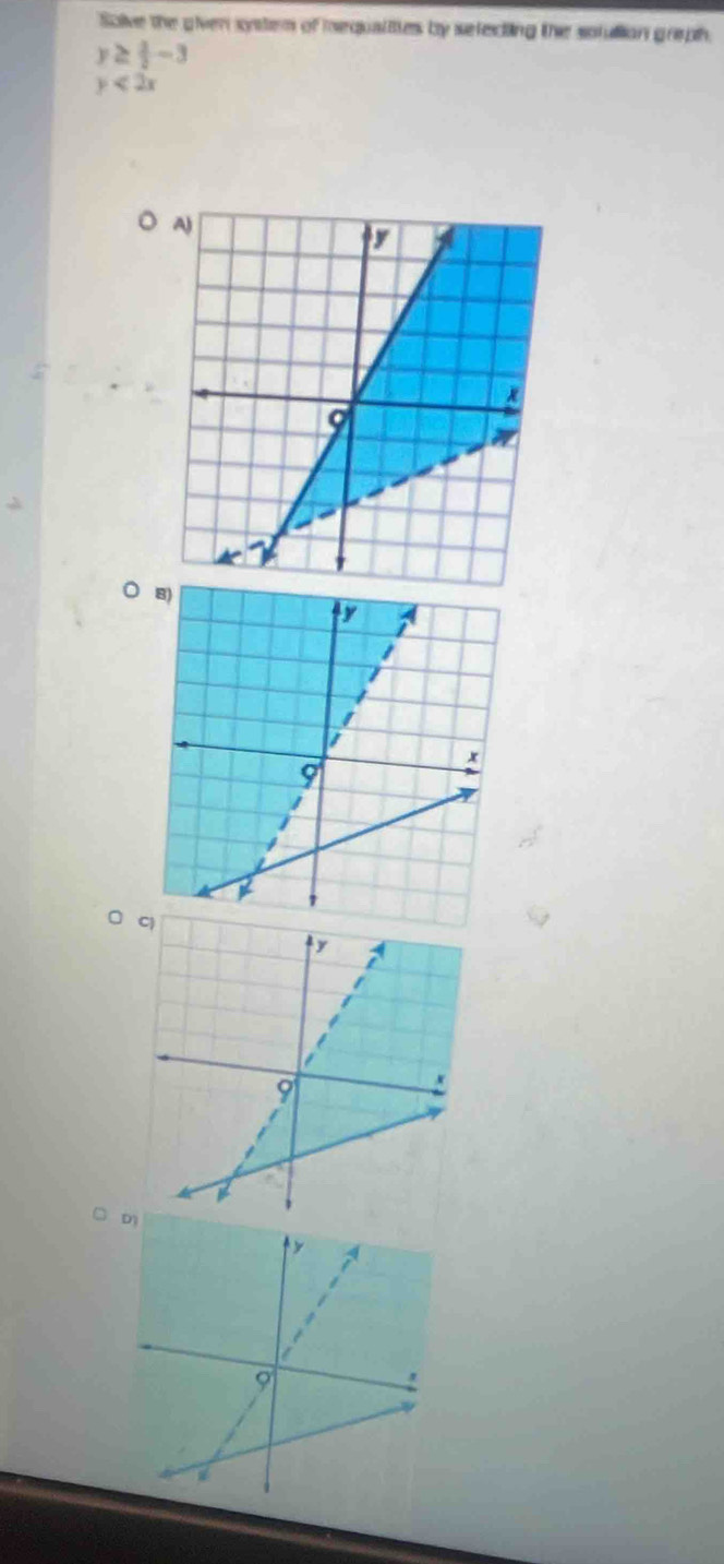 Solve the oiven system of mequaliies by selecting the sofullion greph.
y≥  3/2 -3
y<2x</tex> 
○