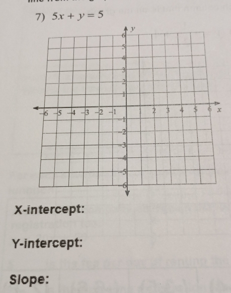 5x+y=5
X-intercept: 
Y-intercept: 
Slope: