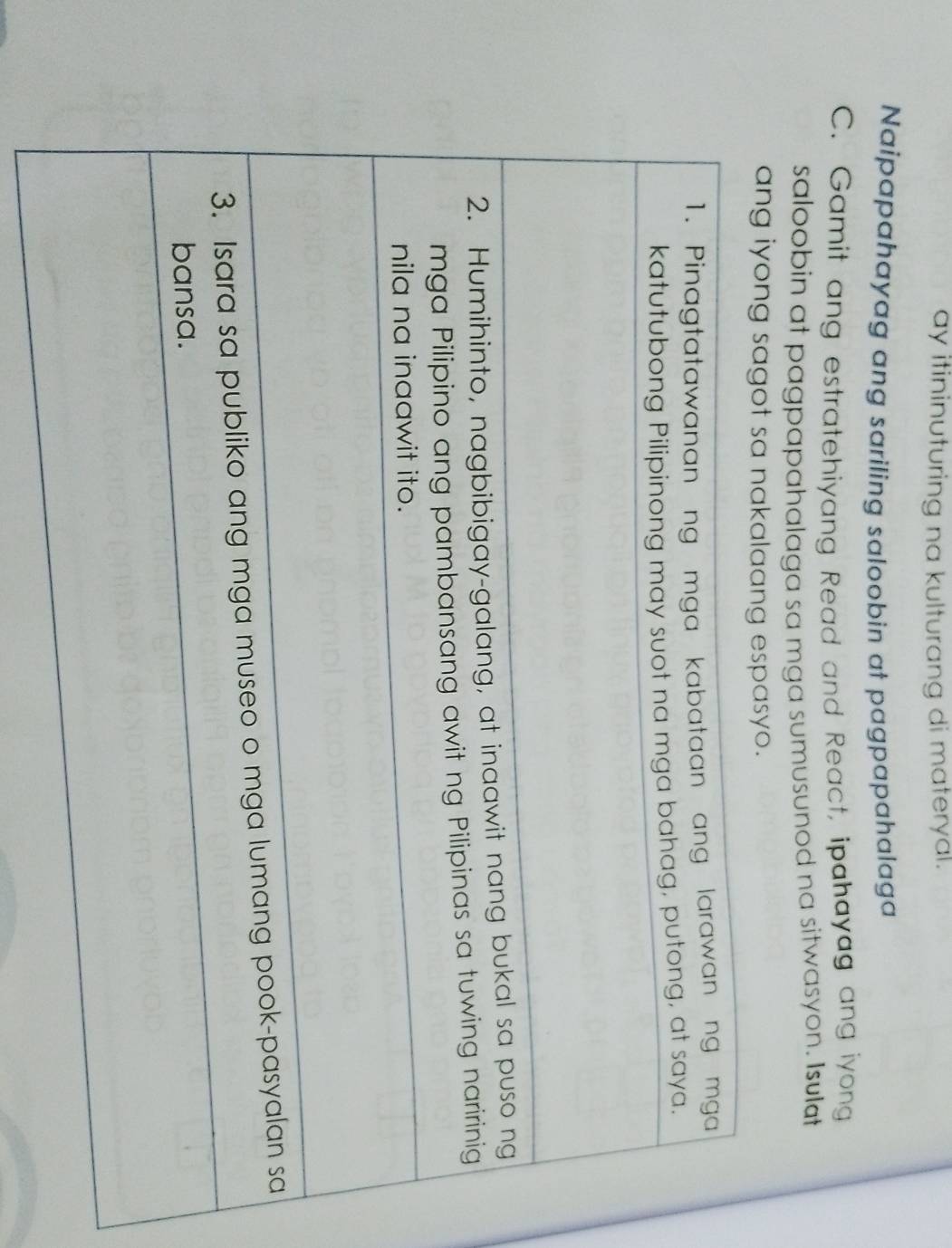 ay itininuturing na kulturang di materyal. 
Naipapahayag ang sariling saloobin at pagpapahalaga 
C. Gamit ang estratehiyang Read and React, ipahayag ang iyong 
saloobin at pagpapahalaga sa mga sumusunod na sitwasyon. Isulat 
ang iyong sagot sa nakalaang espasyo.