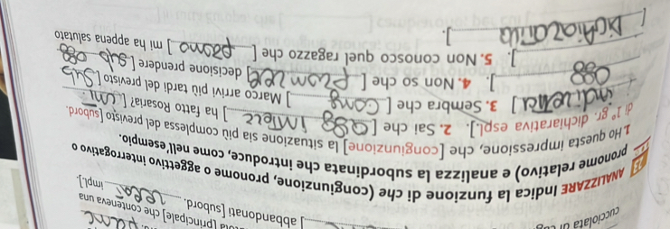 cucciolatá u n 
Ula (principale) che conteneva una 
_abbandonati [subord. _impl.]. 
ANALIZZARE Indica la funzione di che (congiunzione, pronome o aggettivo interrogativo o 
a 
pronome relativo) e analizza la subordinata che introduce, come nell’esempio. 
1 Ho questa impressione, che [congiunzione] la situazione sia più complessa del previsto [subord. 
_ 
di 1° gr. dichiarativa espl.]. 2. Sai che_ 
3. Sembra che [_ 
ha fatto Rosaria? 
Março arrivi più tardi del previsto 
_]. 4. Non so che [ 
_decisione prendere 
_ 
_]. 5. Non conosco quel ragazzo che [_ 
_ 
_ 
1. 
mi ha appena salutato