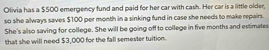 Olivia has a $500 emergency fund and paid for her car with cash. Her car is a little older, 
so she always saves $100 per month in a sinking fund in case she needs to make repairs. 
She’s also saving for college. She will be going off to college in five months and estimates 
that she will need $3,000 for the fall semester tuition.