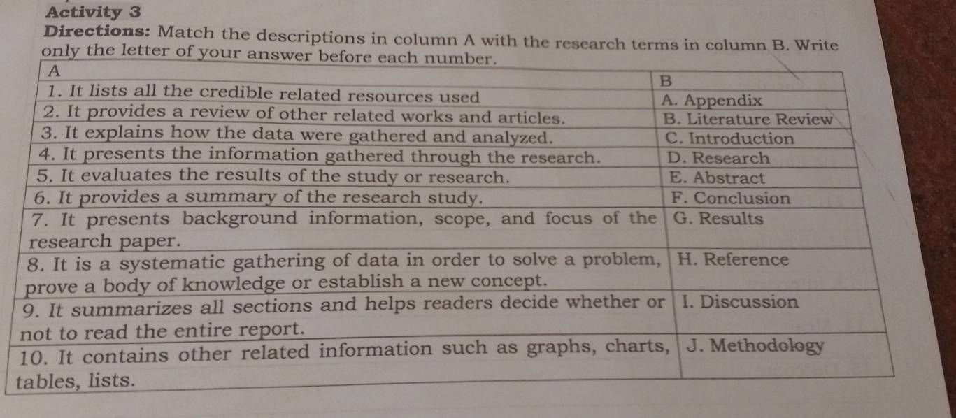 Activity 3 
Directions: Match the descriptions in column A with the research terms in column B. Write 
t