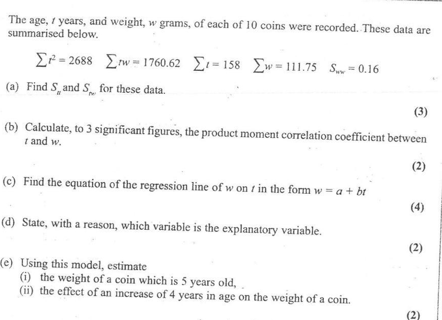 The age, t years, and weight, w grams, of each of 10 coins were recorded. These data are 
summarised below.
sumlimits t^2=2688 sumlimits m=1760.62 sumlimits t=158 sumlimits w=111.75S_ww=0.16
(a) Find S_n and S_m for these data. 
(3) 
(b) Calculate, to 3 significant figures, the product moment correlation coefficient between
t and w. 
(2) 
(c) Find the equation of the regression line of w on t in the form w=a+bt
(4) 
(d) State, with a reason, which variable is the explanatory variable. 
(2) 
(e) Using this model, estimate 
(i) the weight of a coin which is 5 years old, 
(ii) the effect of an increase of 4 years in age on the weight of a coin. 
(2)