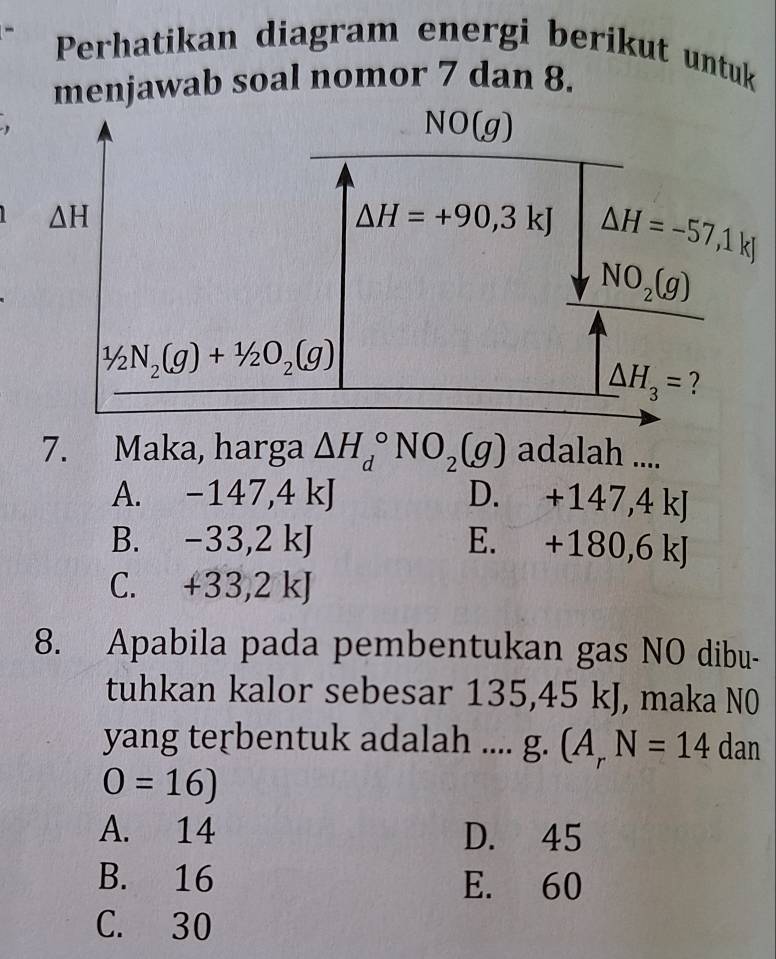 Perhatikan diagram energi berikut untuk
menjawab soal nomor 7 dan 8.
7. Maka, harga △ H_d^((circ)NO_2)(g) adalah ....
A. -147,4kJ D. +147,4kJ
B. -33,2 kJ E. +180,6k
C. +33,2 kJ
8. Apabila pada pembentukan gas NO dibu-
tuhkan kalor sebesar 135,45 kJ, maka N0
yang terbentuk adalah .... g.(A_rN=14dan
O=16)
A. 14 D. 45
B. 16 E. 60
C. 30