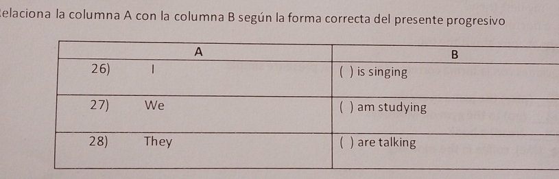 Relaciona la columna A con la columna B según la forma correcta del presente progresivo