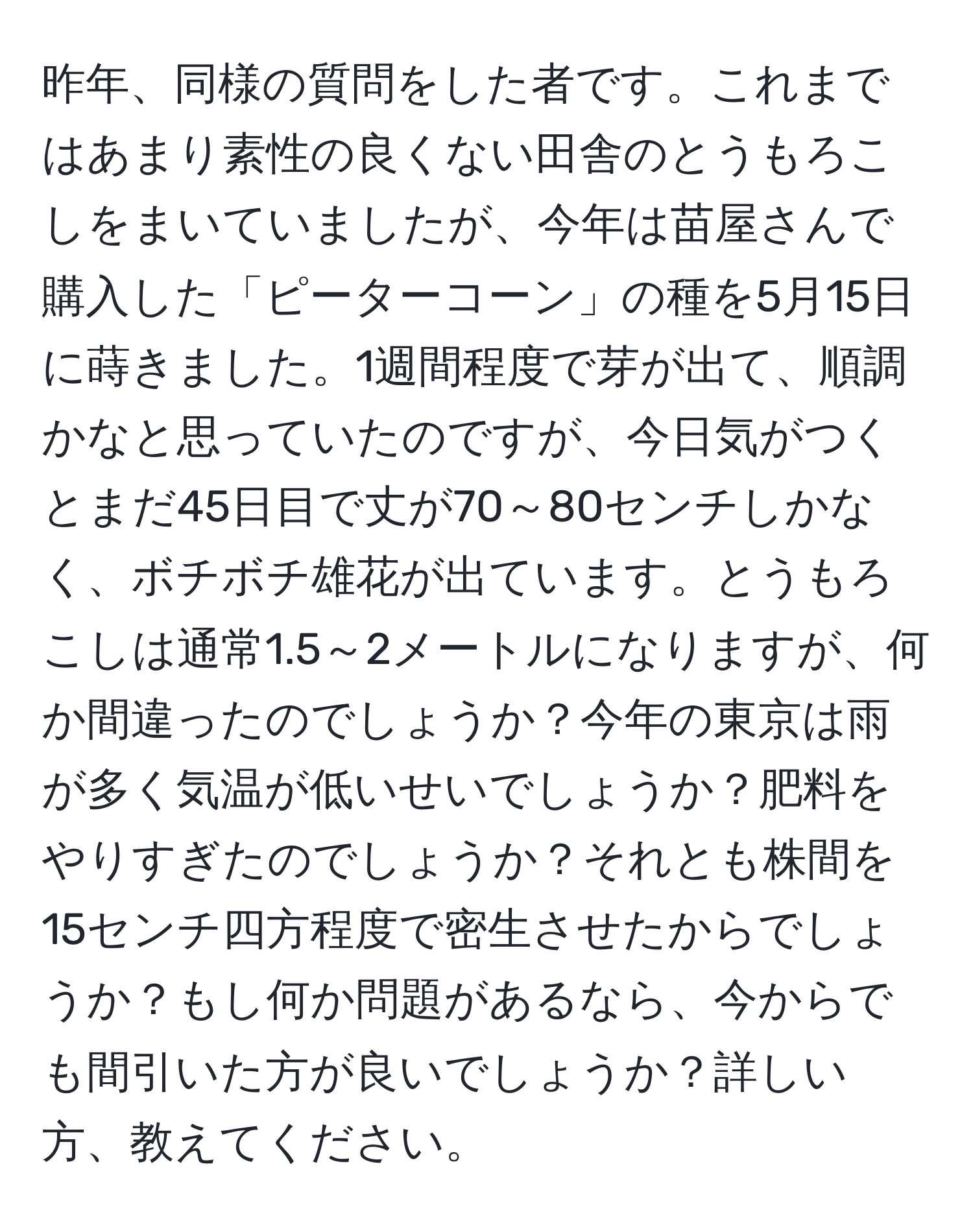 昨年、同様の質問をした者です。これまではあまり素性の良くない田舎のとうもろこしをまいていましたが、今年は苗屋さんで購入した「ピーターコーン」の種を5月15日に蒔きました。1週間程度で芽が出て、順調かなと思っていたのですが、今日気がつくとまだ45日目で丈が70～80センチしかなく、ボチボチ雄花が出ています。とうもろこしは通常1.5～2メートルになりますが、何か間違ったのでしょうか？今年の東京は雨が多く気温が低いせいでしょうか？肥料をやりすぎたのでしょうか？それとも株間を15センチ四方程度で密生させたからでしょうか？もし何か問題があるなら、今からでも間引いた方が良いでしょうか？詳しい方、教えてください。