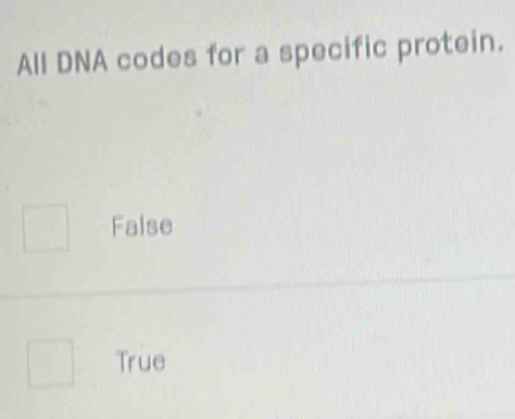 Solved: All DNA codes for a specific protein. False True [Biology]