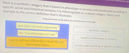 réproduces mair
Race is a symbolic category that is based on phenotype or ancestry and constructed according to
specific social and historical contexts; it is misrecognized as a natural category. Match each
example to the correct definition that it illustrates.
Drag each item on the left to its matching item on the right.
race does not exist objectively symbolic category
the "one thirty-second rule” * based on phenotype or ancestry
race is defined differently in Brazil the in 
the United States constructed according to specific contexts