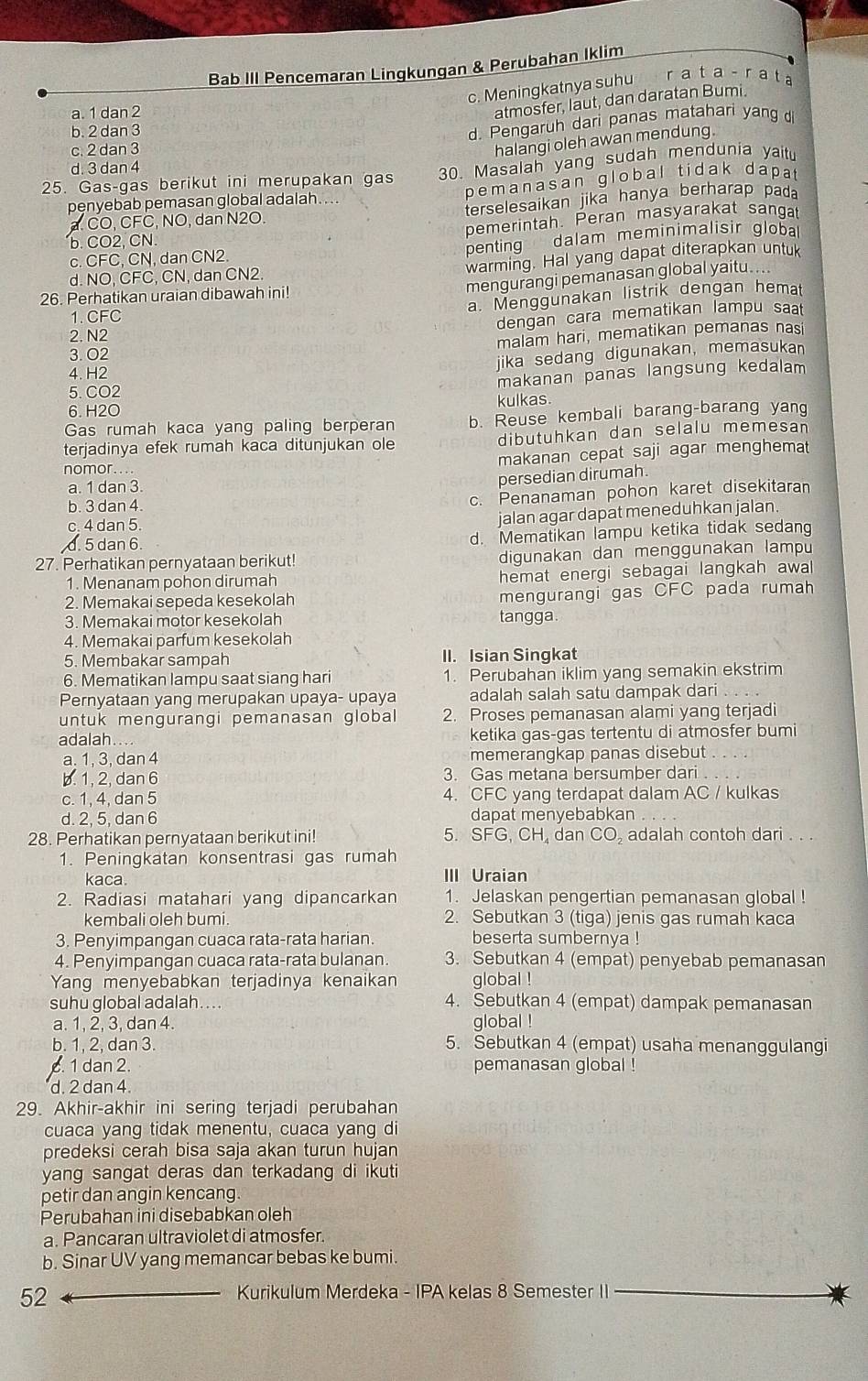 Bab III Pencemaran Lingkungan & Perubahan Iklim
c. Meningkatnya suhu r a ta-r ata
a. 1 dan 2
atmošfer, laut, dan daratan Bumi.
b. 2 dan 3
d. Pengaruh dari panas matahari yang
c. 2 dan 3
halangi oleh awan mendung.
d. 3 dan 4
25. Gas-gas berikut ini merupakan gas 30. Masalah yang sudah mendunia yait
pęnyebab pemasan global adalah pemanasan global tidak dapa
a. CO, CFC, NO, dan N2O. terselesaikan jika hanya berharap pada
pemerintah. Peran masyarakat sanga
b. CO2, CN
penting dalam meminimalisir globa
warming. Hal yang dapat diterapkan untuk
c. CFC, CN, dan CN2
d. NO, CFC, CN, dan CN2.
mengurangi pemanasan global yaitu....
a. Menggunakan listrik dengan hemat
26. Perhatikan uraian dibawah ini!
1. CFC
dengan cara mematikan lampu saat
2. N2
3. O2 malam hari, mematikan pemanas nasi
jika sedang digunakan, memasukan
4.H2
makanan panas langsung kedalam
5. CO2
6. H2O kulkas
Gas rumah kaca yang paling berperan b. Reuse kembali barang-barang yang
terjadinya efek rumah kaca ditunjukan ole dibutuhkan dan selalu memesan
makanan cepat saji agar menghemat
nomor....
a. 1 dan 3
persedian dirumah.
b. 3 dan 4.
c. Penanaman pohon karet disekitaran
c. 4 dan 5
jalan agar dapat meneduhkan jalan.
d. 5 dan 6
d. Mematikan lampu ketika tidak sedan
27. Perhatikan pernyataan berikut! digunakan dan menggunakan lampu
1. Menanam pohon dirumah hemat energi sebagai langkah awa
2. Memakai sepeda kesekolah
mengurangi gas CFC pada rumah
3. Memakai motor kesekolah tangga
4. Memakai parfum kesekolah
5. Membakar sampah II. Isian Singkat
6. Mematikan lampu saat siang hari 1. Perubahan iklim yang semakin ekstrim
Pernyataan yang merupakan upaya- upaya adalah salah satu dampak dari
untuk mengurangi pemanasan global 2. Proses pemanasan alami yang terjadi
adalah.... ketika gas-gas tertentu di atmosfer bumi
a. 1, 3, dan 4 memerangkap panas disebut . .
b. 1, 2, dan 6 3. Gas metana bersumber dari .
c. 1, 4, dan 5 4. CFC yang terdapat dalam AC / kulkas
d. 2, 5, dan 6 dapat menyebabkan_
28. Perhatikan pernyataan berikut ini! 5. SFG, CH, dan CO_2 adalah contoh dari . . .
1. Peningkatan konsentrasi gas rumah
kaca. III Uraian
2. Radiasi matahari yang dipancarkan 1. Jelaskan pengertian pemanasan global !
kembali oleh bumi. 2. Sebutkan 3 (tiga) jenis gas rumah kaca
3. Penyimpangan cuaca rata-rata harian. beserta sumbernya !
4. Penyimpangan cuaca rata-rata bulanan. 3. Sebutkan 4 (empat) penyebab pemanasan
Yang menyebabkan terjadinya kenaikan global !
suhu global adalah....
4. Sebutkan 4 (empat) dampak pemanasan
a. 1, 2, 3, dan 4. global !
b. 1, 2, dan 3 5. Sebutkan 4 (empat) usaha menanggulangi
. 1 dan 2. pemanasan global !
d. 2 dan 4.
29. Akhir-akhir ini sering terjadi perubahan
cuaca yang tidak menentu, cuaca yang di
predeksi cerah bisa saja akan turun hujan
yang sangat deras dan terkadang di ikuti
petir dan angin kencang
Perubahan ini disebabkan oleh
a. Pancaran ultraviolet di atmosfer.
b. Sinar UV yang memancar bebas ke bumi.
52
Kurikulum Merdeka - IPA kelas 8 Semester II