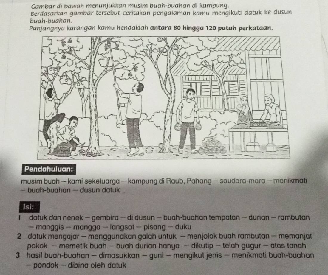 Gambar di bawah menunjukkan musim buah-buahan di kampung. 
Berdasarkan gambar tersebut ceritakan pengalaman kamu mengikuti datuk ke dusun 
buah-buahan. 
Panjangnya karangan kamu hendaklah antara 80 hingga 120 patah perkataan. 
Pendahuluan: 
musim buah — kami sekeluarga — kampung di Raub, Pahang — saudara-mara — menikmati 
— buah-buahan — dusun datuk 
Isi: 
datuk dan nenek — gembira — di dusun — buah-buahan tempatan — durian — rambutan 
— manggis — mangga — langsat — pisang — duku 
2 datuk mengajar — menggunakan galah untuk — menjolok buah rambutan — memanjat 
pokok — memetik buah — buah durian hanya — dikutip — telah gugur — atas tanah 
3 hasil buah-buahan — dimasukkan — guni — mengikut jenis — menikmati buah-buahan 
— pondok — dibina oleh datuk