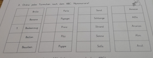 Ordne jedes Türmchen nach dem ABC. Nummeriere!