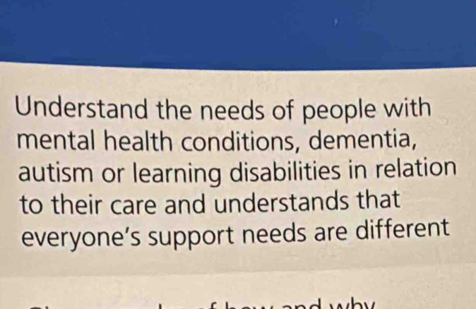 Understand the needs of people with 
mental health conditions, dementia, 
autism or learning disabilities in relation 
to their care and understands that 
everyone’s support needs are different