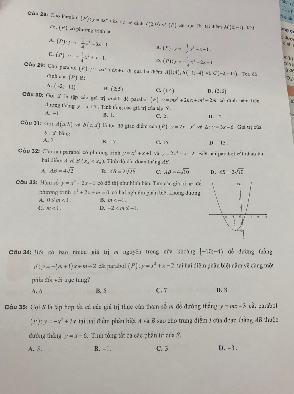 phản ú
to
F
õ chất
Câu 28: Cho Parabol (P):y=ax^2+bx+c có đỉnh I(2;0) và (P) cắt trục Oy tại điểm M(0;-1). Khi rng ox
đó, (P) có phương trình là
A. (P):y=- 1/4 x^2-3x-1.
) được
B. (P):y=- 1/4 x^2-x-1.
chất
C. (P):y=- 1/4 x^2+x-1.
ɔn(11)
còn l
D. (P):y=- 1/4 x^2+2x-1 g độ
Câu 29: Cho parabol (P):y=ax^2+bx+c đi qua ba điểm A(1;4),B(-1;-4) và C(-2;-11). Tọa độ
đình của (P) là:
(O_4)
A. (-2;-11) B. (2;5)
C. (1;4) D. (3;6)
Câu 30: Gọi S là tập các giá trị m!= 0 đề parabol (P):y=mx^2+2mx+m^2+2m có đỉnh nằm trên
tử
đường thẳng y=x+7. Tính tổng các giá trị của tập S .
A. -1. B. 1. C. 2 . D. -2 .
)á
Câu 31: Gọi A(a;b) và B(c;d) là tọa độ giao điểm của (P):y=2x-x^2 và △ :y=3x-6. Giá trị của
b+d bằng
B. -7.
A. 7. C. 15. D. −15 .
Câu 32: Cho hai parabol có phương trình y=x^2+x+1 và y=2x^2-x-2. Biết hai parabol cắt nhau tại
hai điểm 4 và B(x_A . Tính độ dài đoạn thẳng AB.
A. AB=4sqrt(2) B. AB=2sqrt(26) C. AB=4sqrt(10) D. AB=2sqrt(10)
Câu 33: Hàm số y=x^2+2x-1 có đồ thị như hình bên. Tìm các giá trị mô đề
phương trình x^2+2x+m=0 có hai nghiệm phân biệt không dương.
A. 0≤ m<1. B. m
C. m<1. D. -2
Câu 34: Hỏi có bao nhiêu giá trị m nguyên trong nửa khoảng [-10;-4) đề đường thẳng
d : y=-(m+1)x+m+2 cắt parabol (P):y=x^2+x-2 tại hai điểm phân biệt nằm về cùng một
phía đối với trục tung?
A. 6 B. 5 C. 7 D. 8
Câu 35: Gọi S là tập hợp tất cả các giá trị thực của tham số m để đường thẳng y=mx-3 cắt parabol
(P): y=-x^2+2x tại hai điểm phân biệt A và B sao cho trung điểm / của đoạn thẳng AB thuộc
đường thẳng y=x-6.  Tính tổng tất cả các phần tử của S.
A. 5 . B. −1. C. 3 . D. -3 .