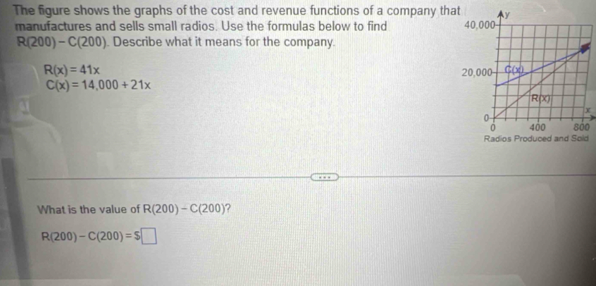 The figure shows the graphs of the cost and revenue functions of a company tha
manufactures and sells small radios. Use the formulas below to find
R(200)-C(200). Describe what it means for the company.
R(x)=41x
C(x)=14,000+21x
x
o
d
What is the value of R(200)-C(200) ?
R(200)-C(200)=$□