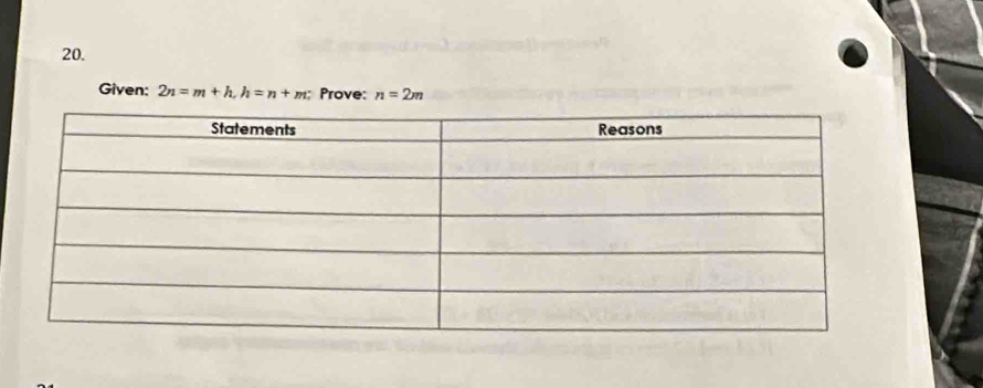 Given: 2n=m+h, h=n+m; Prove: n=2m