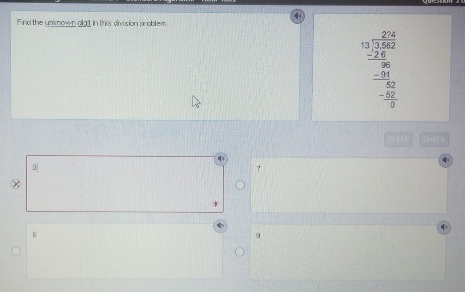 Find the unknown digit in this division problem.
beginarrayr 2.2.4 5encloselongdiv 3.52 -2.6 hline 0 - hline 04 hline beginarrayr 0 -2222 hline 0endarray
CLEAR CHECK 
o|
7
8
9