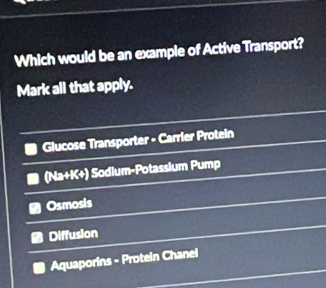 Which would be an example of Active Transport?
Mark all that apply.
Glucose Transporter - Carrier Protein
(Na+K+) Sodium-Potassium Pump
Osmosis
Diffusion
Aquaporins - Protein Chanel