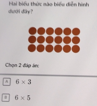 Hai biểu thức nào biểu diễn hình
dưới đây?
Chọn 2 đáp án:
A 6* 3
B 6* 5