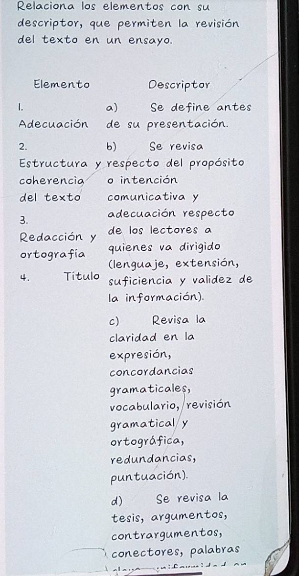 Relaciona los elementos con su 
descriptor, que permiten la revisión 
del texto en un ensayo. 
Elemento Descriptor 
. Se define antes 
a) 
Adecuación de su presentación. 
b) 
2. Se revisa 
Estructura y respecto del propósito 
coherencia o intención 
del texto comunicativa y 
3. 
adecuación respecto 
Redacción y de los lectores a 
ortografia quienes va dirigido 
(lenguaje, extensión, 
4. Titulo suficiencia y validez de 
la información). 
c) C Revisa la 
claridad en la 
expresión, 
concordancias 
gramaticales, 
vocabulario, revisión 
gramatical y 
ortográfica, 
redundancias, 
puntuación). 
d) Se revisa la 
tesis, argumentos, 
contrargumentos, 
conectores, palabras 
1 :_