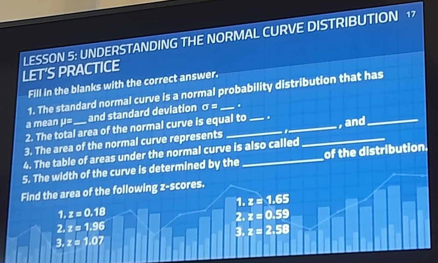 LESSON 5: UNDERSTANDING THE NORMAL CURVE DISTRIBUTION 1 
LET’S PRACTICE 
Fill in the blanks with the correct answer. 
1. The standard normal curve is a normal probability distribution that has 
a mean μ= and standard deviation sigma = _ . 
2. The total area of the normal curve is equal to _. 

3. The area of the normal curve represents ___, and 
4. The table of areas under the normal curve is also called 
5. The width of the curve is determined by the _of the distribution. 
Find the area of the following z-scores.
1.z=1.65
1. z=0.18 2.z=0.59
2. z=1.96
3.2=2.58
3. z=1.07