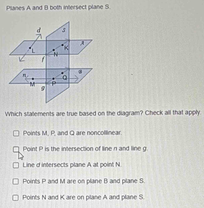 Solved: Planes A and B both intersect plane S. Which statements are ...
