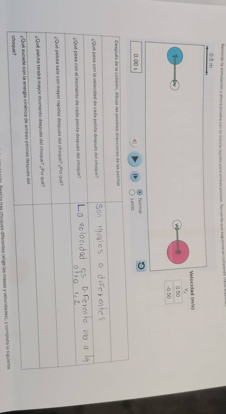 Reiniciar la simulación y ahora prueba con la misma rapidez para ambas pelotas. Recuerda que seguimos en colisiones 100%
0.5 m
Velocidad (m/s)
v_x
2
1 0.50
-0.50
Normal
0.00 s
Lento
Realiza tres choques diferentes (elige las masas y velocidades), y