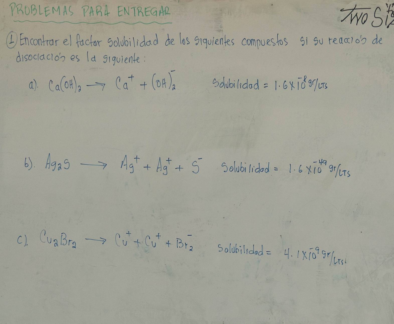 PROBLEMAS PARA ENTREGAR 
wos 
1 Encontrarel factor solobilidad de los siguientes compuestos si so reacciob de 
disoclaclon es Ia siquiente: 
a). Ca(OH)_2to Ca^++(OH)_2^(- Scobilidad =1.6* 10^-8)gr/LTs
6). Ag_2gto Ag^++Ag^++S^- Solobilidod =1.6* 10^(-49)gr/lTs
(). Cu_2Br_2to Cu^++Cu^++Br^-_2 Solubilicod =4.1* 10^(-9)gr/csc