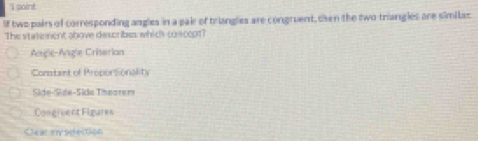 soint
lf two pairs of corresponding angles in a pair of triangles are congruent, then the two triangles are similaz
The statement above describes: which-posccot?
Angle-Angle Criterian
Comtant of ProporSonality
Side-Side-Side Thoorem
Congreent Figures
Cew my selection