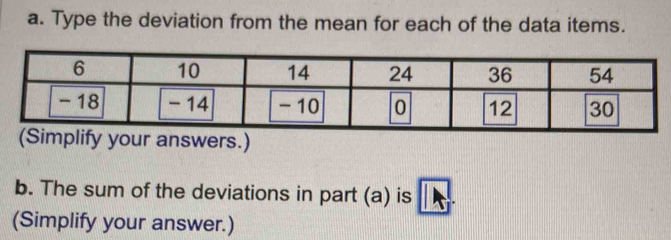 Type the deviation from the mean for each of the data items. 
ify your answers.) 
b. The sum of the deviations in part (a) is boxed A_1
(Simplify your answer.)