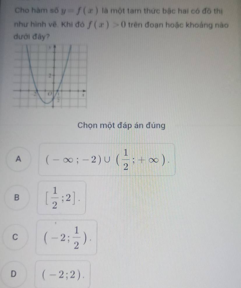 Cho hàm số y=f(x) là một tam thức bậc hai có đồ thị
như hình vẽ. Khi đỏ f(x)>0 trên đoạn hoặc khoáng nào
dưới đây?
Chọn một đáp án đúng
A (-∈fty ;-2)∪ ( 1/2 ;+∈fty ).
B [ 1/2 ;2].
C (-2; 1/2 ).
D (-2;2).