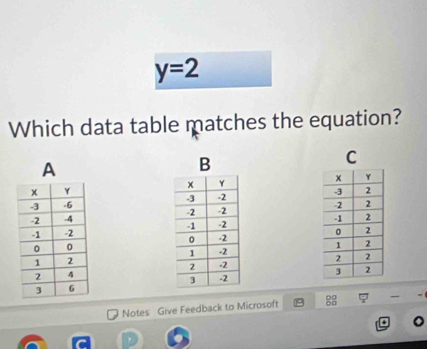 y=2
Which data table matches the equation? 
C 
A 
B 






Notes Give Feedback to Microsoft D□ 
-