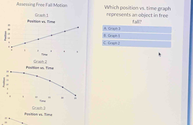 Assessing Free Fall Motion Which position vs. time graph
Graph 1 represents an object in free
Position vs. Time fall?
25
20
A Graph 3
15 B. Graph 1
10
s C. Graph 2
0
。 1 2 j 4
Time
Graph 2
Position vs. Time
25
20
s
。
。 5 10 15 20 25
Time
Graph 3
Position vs. Time
25
20