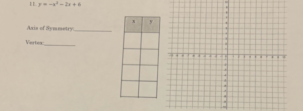 y=-x^2-2x+6
10 
Axis of Symmetry:_ 
Vertex:_
-10