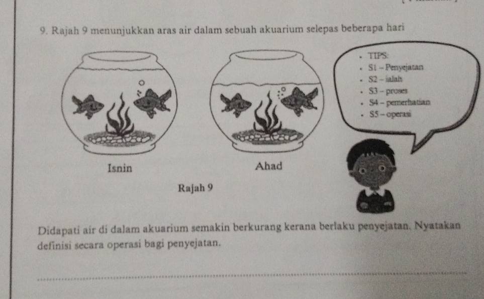 Rajah 9 menunjukkan aras air dalam sebuah akuarium selepas beberapa hari 
TIPS: 
S1 - Penyejatan 
S2 - ialah 
S3 - proses 
S4 - pemerhatian 
S5 - operasi 

Rajah 9 
Didapati air di dalam akuarium semakin berkurang kerana berlaku penyejatan. Nyatakan 
definisi secara operasi bagi penyejatan. 
_