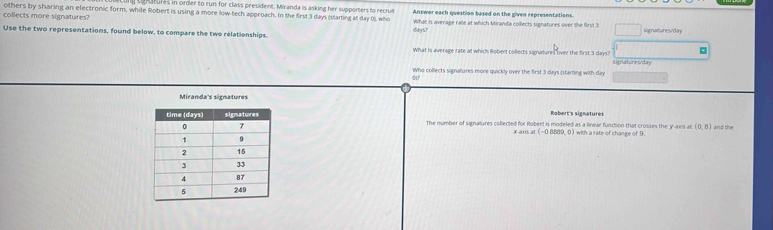 signatures in order to run for class president. Miranda is asking her supporters to recruit
others by sharing an electronic form, while Robert is using a more low-tech approach. In the first 3 days (starting at day 0), who Answer each question based on the given representations
collects more signatures? days? What is average rate at which Miranda collects signatures over the first 3 signatures/day
Use the two representations, found below, to compare the two relationships.
What is average rate at which Robert collects signatures over the first 3 days?
。
signatures/day
Who collects signatures more quickly over the first 3 days (starting with day
0)?
Miranda's signatures
Robert's signatures
The number of signatures collected for Robert is modeled as a linear function that crosses the y-axis at (0,8)
with a rate of change of 9. and the
x-axisat(-0.8889.0)