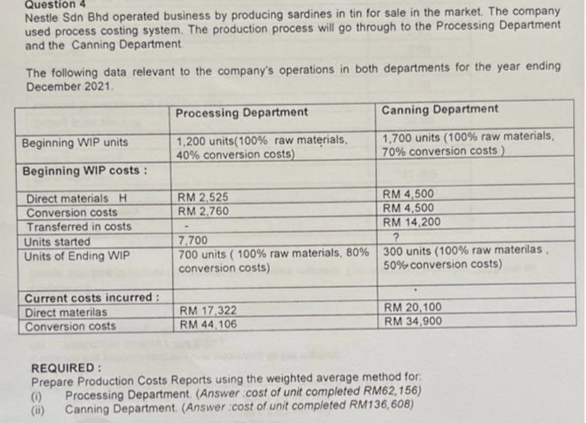 Nestle Sdn Bhd operated business by producing sardines in tin for sale in the market. The company 
used process costing system. The production process will go through to the Processing Department 
and the Canning Department. 
The following data relevant to the company's operations in both departments for the year ending 
December 2021. 
REQUIRED ： 
Prepare Production Costs Reports using the weighted average method for: 
(i) Processing Department. (Answer :cost of unit completed RM62,156) 
(ii) Canning Department. (Answer :cost of unit completed RM136,608)