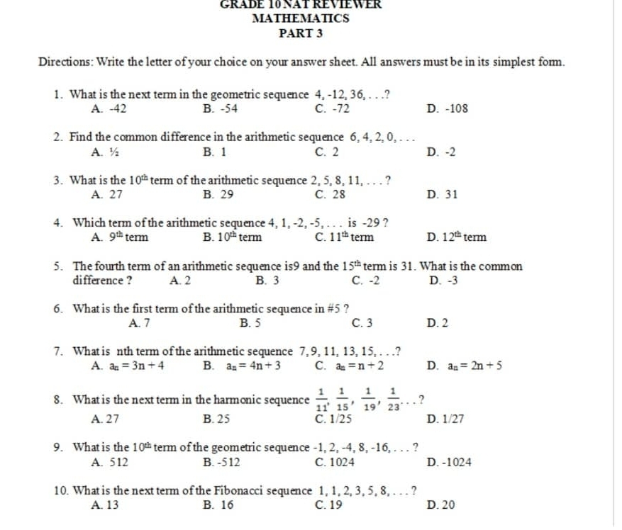 Solved: GRADE 10 NAT REVIEWER MATHEMATICS PART 3 Directions: Write the ...