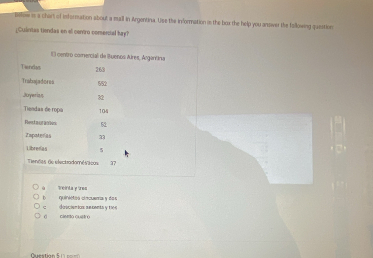 Below is a chart of information about a mall in Argentina. Use the information in the box the help you answer the following question:
¿Cuántas tiendas en el centro comercial hay?
a treinta y tres
bì quinietos cincuenta y dos
C doscientos sesenta y tres
d ciento cuatro
Ouestion 5 (1 n i