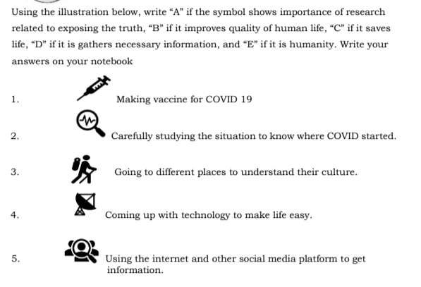 Using the illustration below, write “A” if the symbol shows importance of research 
related to exposing the truth, “ B ” if it improves quality of human life, “ C ” if it saves 
life, “ D ” if it is gathers necessary information, and “ E ” if it is humanity. Write your 
answers on your notebook 
1. Making vaccine for COVID 19 
() 
2. Carefully studying the situation to know where COVID started. 
3. Going to different places to understand their culture. 
4. Coming up with technology to make life easy. 
5. Using the internet and other social media platform to get 
information.