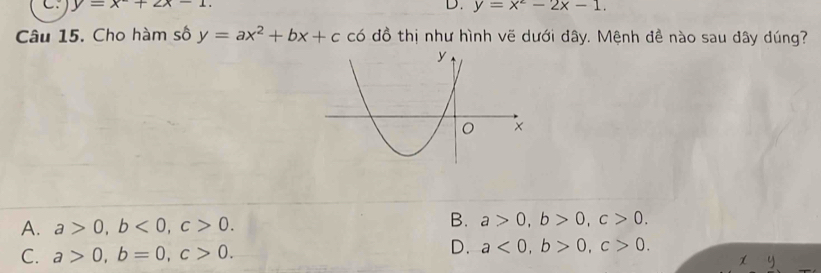 y=x+2x-1. D. y=x^2-2x-1. 
Câu 15. Cho hàm số y=ax^2+bx+cc có đồ thị như hình vẽ dưới đây. Mệnh đề nào sau đây dúng?
A. a>0, b<0</tex>, c>0.
B. a>0, b>0, c>0.
C. a>0, b=0, c>0.
D. a<0</tex>, b>0, c>0.