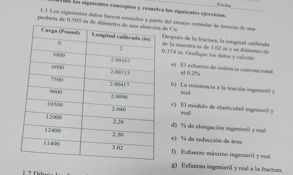 Fecha 
AFBe los siguientes conceptos y resuelva los siguientes ejercícios._ 
1.1 Los siguientes datos fueron reunidos a partir del ensayo estándar de tensión de una 
probeta de 0.505 in de diá de Cu. 
Después de la fractura, la longitud calibrada 
de la muestra es de 3.02 in y su diámetro de
0.374 in. Grafique los datos y calcule: 
a) El esfuerzo de cedencia convencional 
al 0.2%
b) La resistencia a la tención ingenieril y 
real 
c) El módulo de elasticidad ingenieril y
real 
d) % de elongación ingenieril y real 
e) % de reducción de área 
f) Esfuerzo máximo ingenieril y real 
g) Esfuerzo ingenieril y real a la fractura. 
1 2 Di