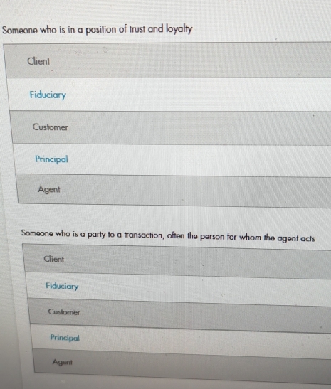 Someone who is in a position of trust and loyalty
Client
Fiduciary
Customer
Principal
Agent
Someone who is a party to a transaction, often the person for whom the agent acts
Client
Fiduciary
Customer
Principal
Agent