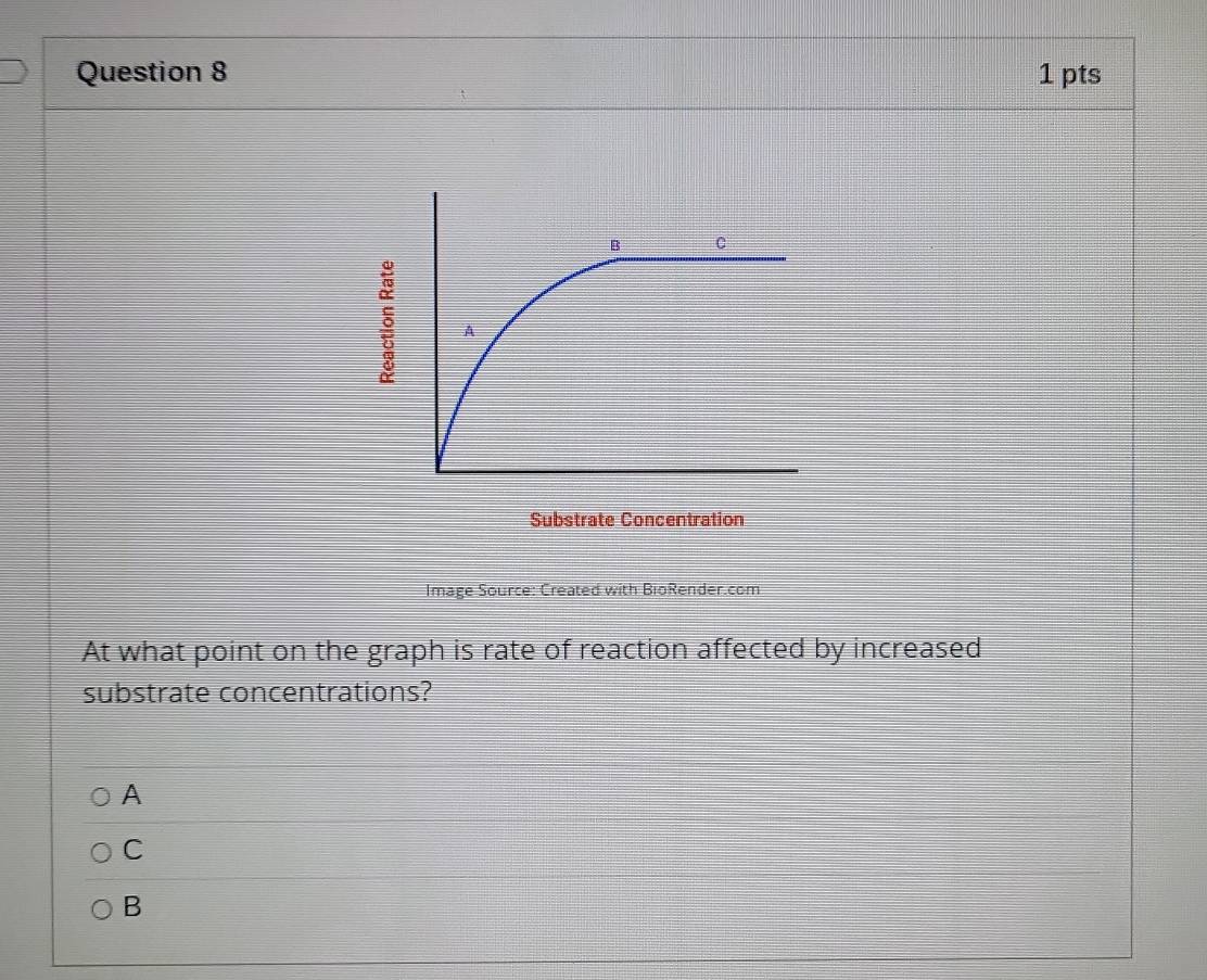 A
Substrate Concentration
Image Source: Created with BioRender.com
At what point on the graph is rate of reaction affected by increased
substrate concentrations?
A
C
B