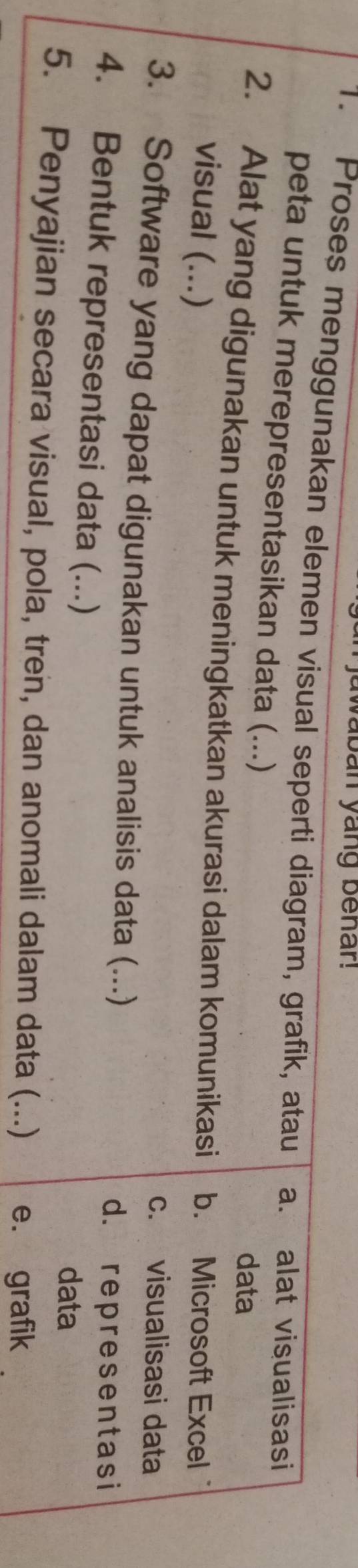 vaban yang benar!
1. Proses menggunakan elemen visual seperti diagram, grafik, atau a. alat visualisasi
peta untuk merepresentasikan data (...)
data
2. Alat yang digunakan untuk meningkatkan akurasi dalam komunikasi b. Microsoft Excel
visual (...)
c. visualisasi data
3. Software yang dapat digunakan untuk analisis data (...)
d. representas i
4. Bentuk representasi data (...)
data
5. Penyajian secara visual, pola, tren, dan anomali dalam data (...) e. grafik