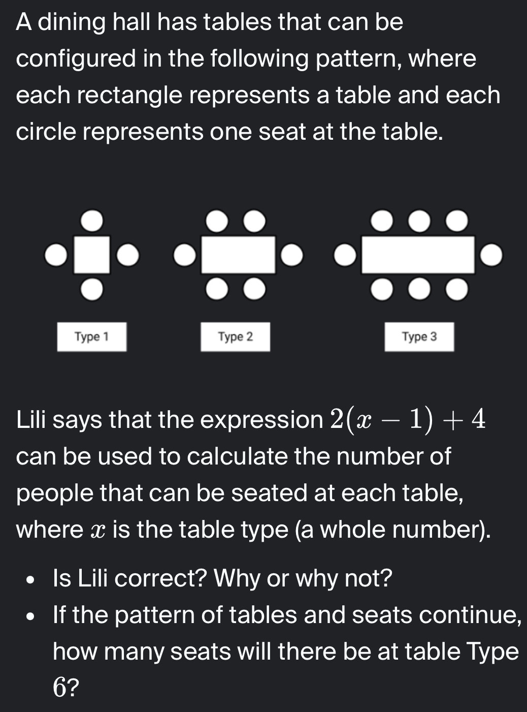 Solved: A dining hall has tables that can be configured in the ...