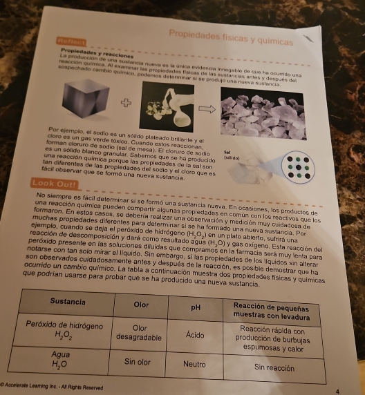 Propiedades fisicas y quimicas
Propiedades y reacciones
La producción de una sustancia nueva es la única evidencía inregable de que ha ocurrido una
reacción química. Al examinar las propiedades físicas de las sustancias antes y después del
sespechado cambio químico, podemos determinar sí se produjo una nueva sustancia.
Por ejempio, el sodio es un sóñido plateado brillante y el
cloro es un gas verde tóxico. Cuando estos reaccionan,
forman cloruro de sódío (sal de mesa). El cloruro de sódio
Sal
es un sólido blanco granular. Sabemos que se ha producido [sólido]
una reacción química porque las propiedades de la sal son
tan diferentes de las propiedades del sodio y el cloro que es
fácil observar que se formó una nueva sustancia.
Look Out!
No siempre es fácil determinar si se formó una sustancia nueva. En ocasiones, los productos de
una reacción química pueden compartir algunas propiedades en común con los reactivos que los
formaron. En estos casos, se debería realizar una observación y medición muy cuidadosa de
muchas propiedades diferentes para determinar si se ha formado una nueva sustancia. Por
ejemplo, cuando se deja el peróxido de hidrógeno (H_2O_2) en un plato abierto, sufrirá una
reacción de descomposición y dará como resultado agua (H_2O) y gas oxígeno. Esta reacción del
peróxido presente en las soluciones diluidas que compramos en la farmacia será muy lenta para
notarse con tan solo mirar el líquido. Sin embargo, si las propiedades de los líquidos sin alterar
son observados cuidadosamente antes y después de la reacción, es posible demostrar que ha
ocurrido un cambio químico. La tabla a continuación muestra dos propiedades físicas y químicas
que podrían usarse para probar que se ha producido una nueva sustancia.
 
4